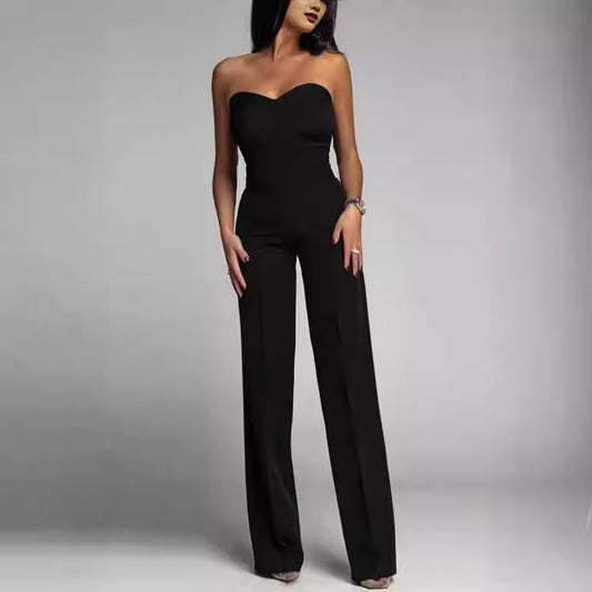Women’s Slim-Fit Tube Top Straight Leg Jumpsuit – Chic Strapless One-Piece Outfit