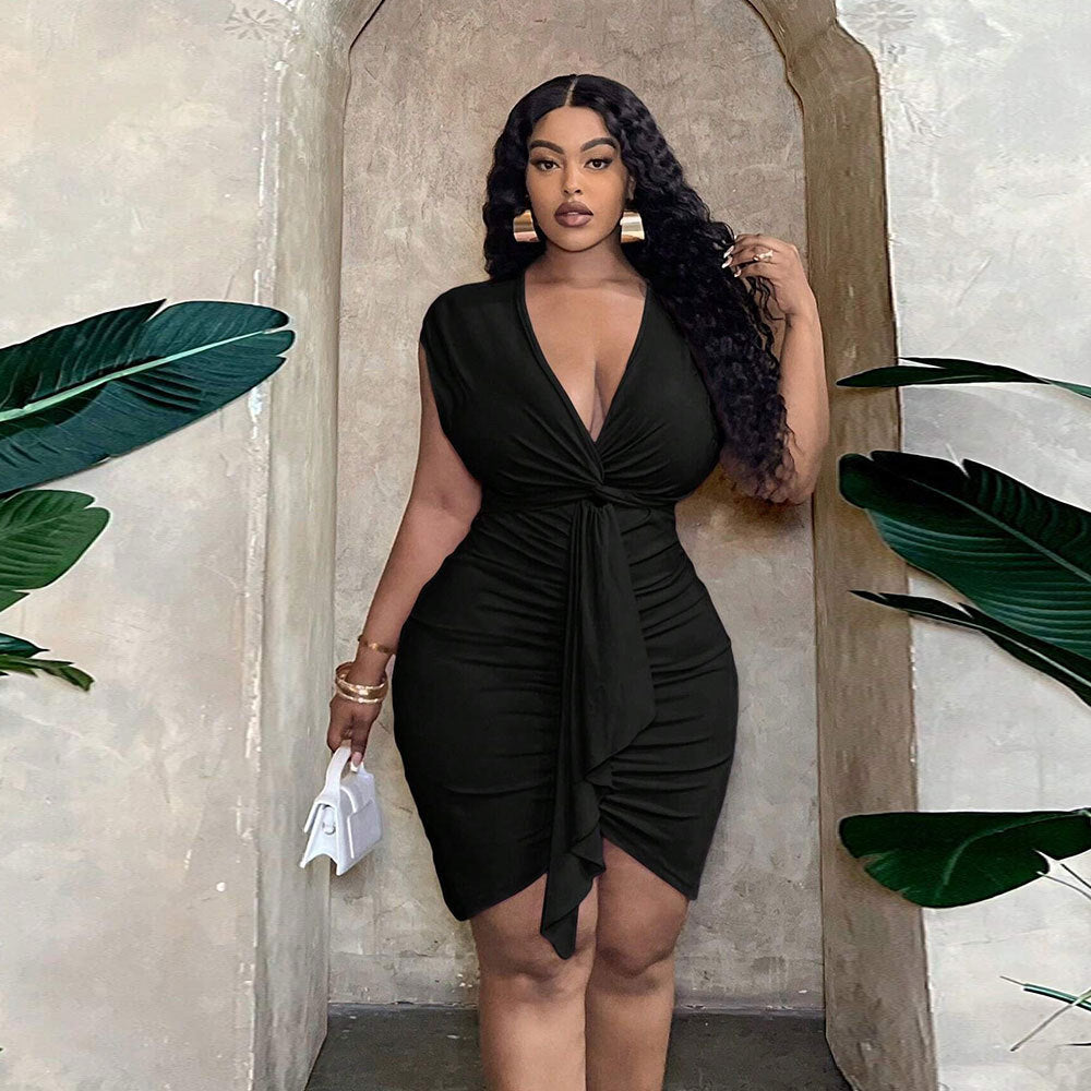Women's Black V-neck Waist-tight Ruffle Hip Skirt