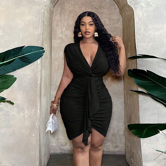 Women's Black V-neck Waist-tight Ruffle Hip Skirt
