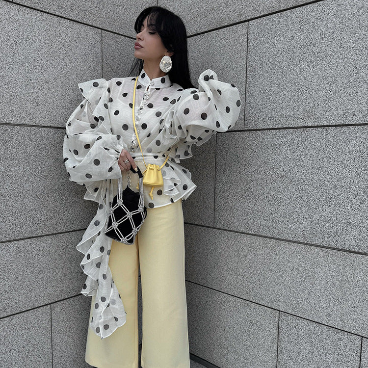 Elegant Ruffled Lace-up Stand Collar Polka Dot Shirt | Vintage Chic Blouse for Women | Feminine Long Sleeve Top | Stylish Office & Casual Wear