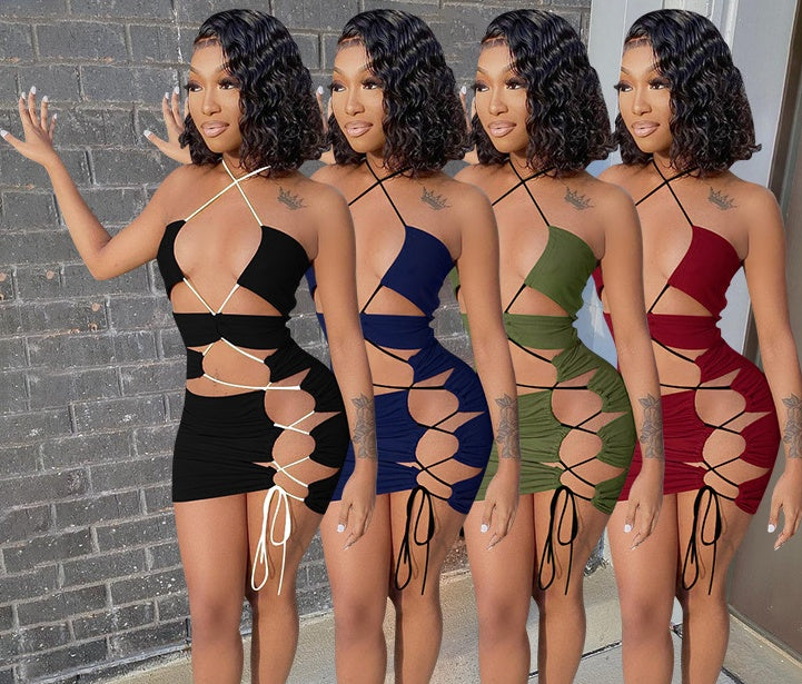 Women's Irregular Drawstring Slim Fitted Dress – Sexy Bodycon Streetwear Dress, Adjustable Ruched Dress, Trendy Summer Night Out Outfit for Women