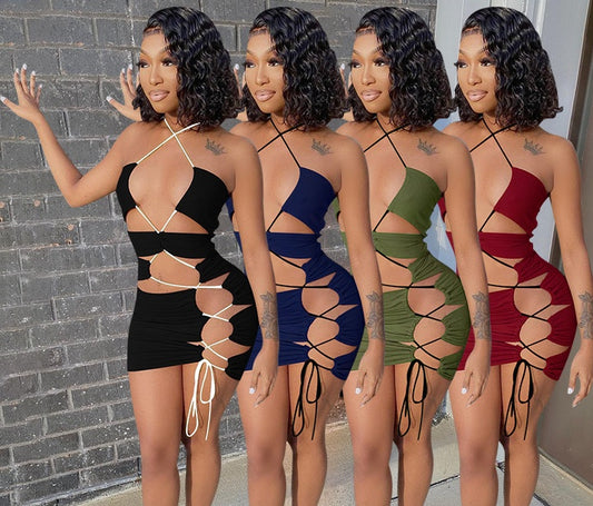 Women's Irregular Drawstring Slim Fitted Dress – Sexy Bodycon Streetwear Dress, Adjustable Ruched Dress, Trendy Summer Night Out Outfit for Women
