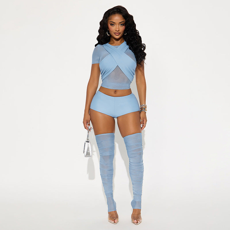 Black Sheer Mesh Crop Top & High-Waist Shorts Set with Ruched Thigh-High Stockings – Sexy Clubwear Outfit