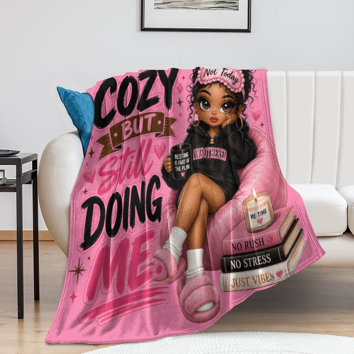Cozy But Still Doing Me Flannel Throw Blanket – 60"x80" | Pink Black Girl Self-Care Blanket | 250gsm Soft Plush Oversized Blanket
