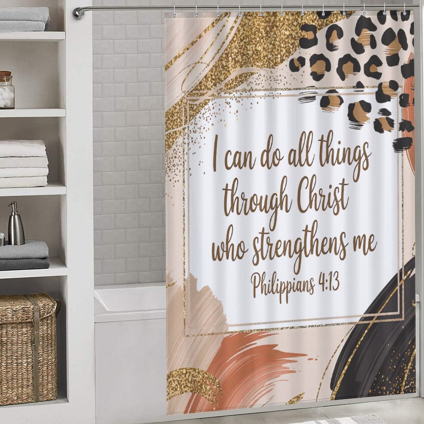 Philippians 4:13 Shower Curtain – Pink, Gold & Leopard Print | Inspirational Bible Verse Bathroom Decor | Christian Faith Home Accent
