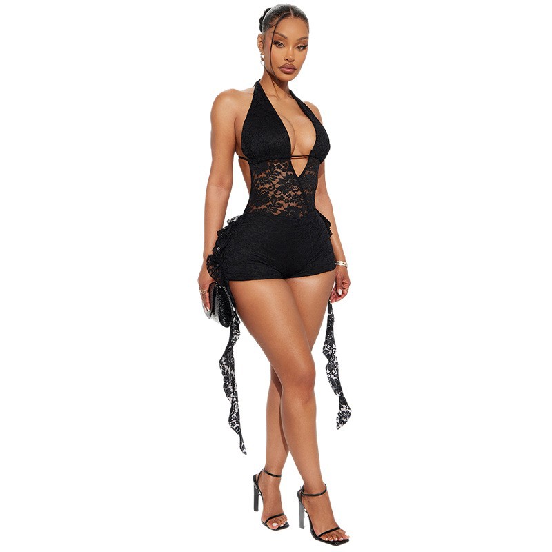 Sexy Lace Spliced Halterneck Bodysuit – Open Back Ruffle Hem One Piece | Women’s Backless Summer Outfit, Night Out Clubwear