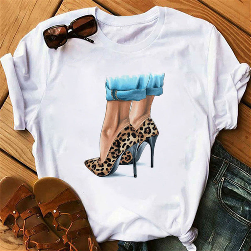 Women's High Heels Pattern Cute Loose Top T-shirt