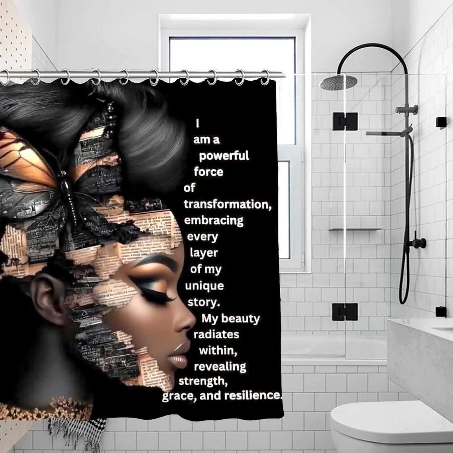 Empowered Transformation Shower Curtain – Black Woman Butterfly Art, Resilience & Strength Inspirational Bathroom Decor