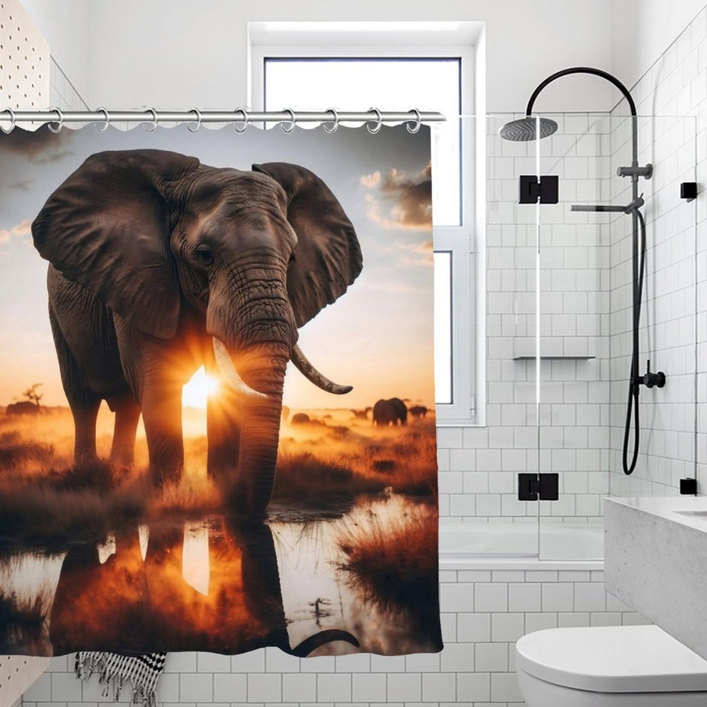 Golden Safari Elephant Shower Curtain | African Sunset Wildlife Bathroom Decor | Rustic Nature Bath Curtain | Boho Safari Home Decor