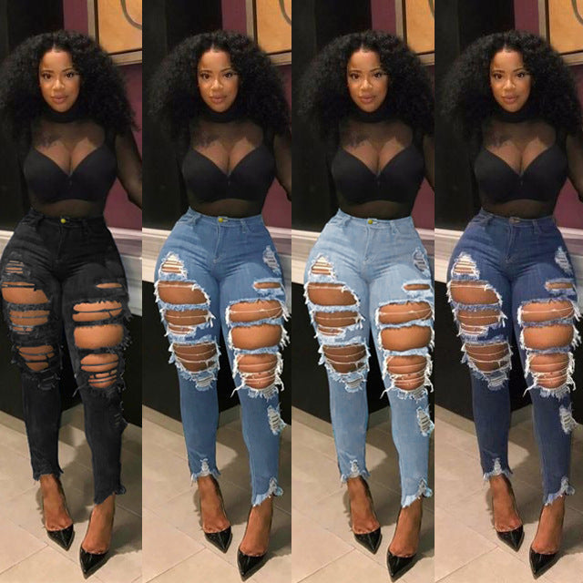 Women's Distressed Beggar Denim Skinny Pants – Stylish High Waist Ripped Jeans
