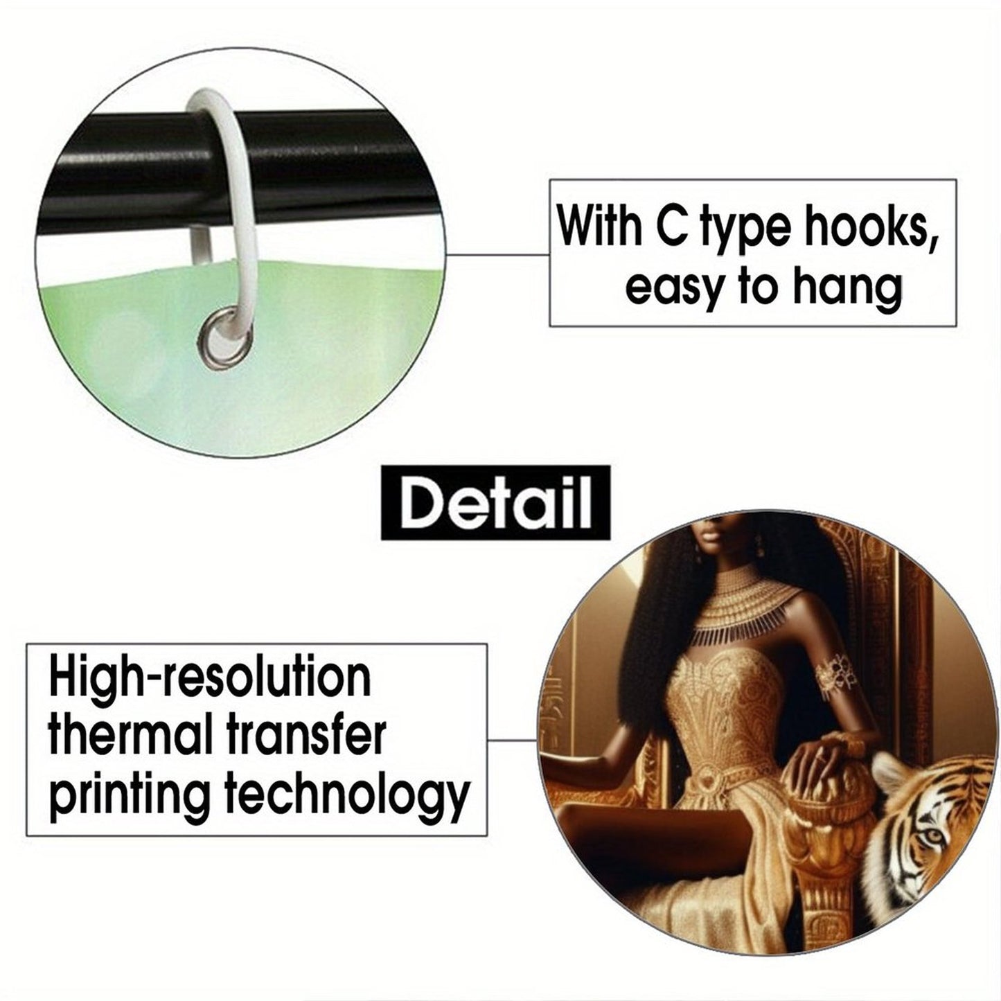 Majestic Queen on Throne with Tiger Waterproof Shower Curtain - Egyptian Gold & Black Luxury Bath Decor Waterproof Shower Curtain