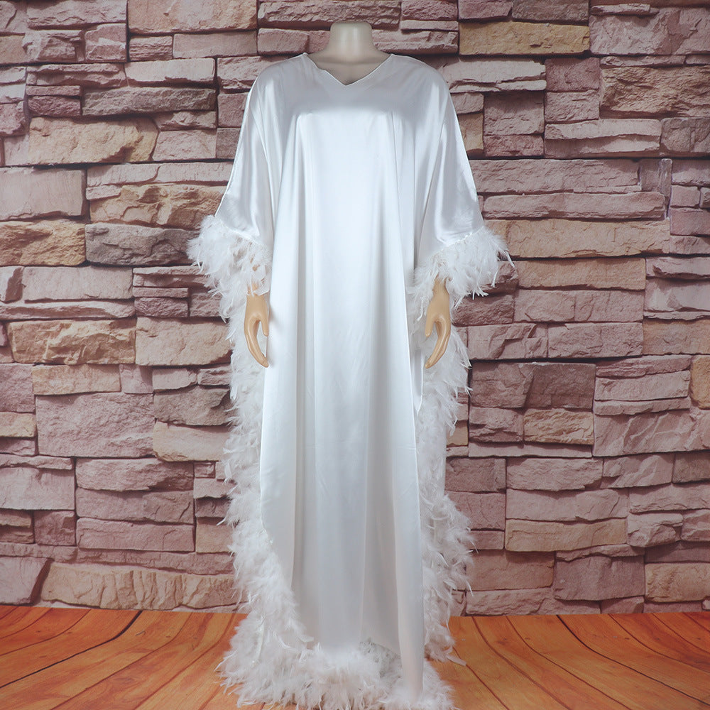 Fully Luxury Feather Batwing Sleeve High-Slit Robe Dress for Women | Elegant Glam Statement Gown