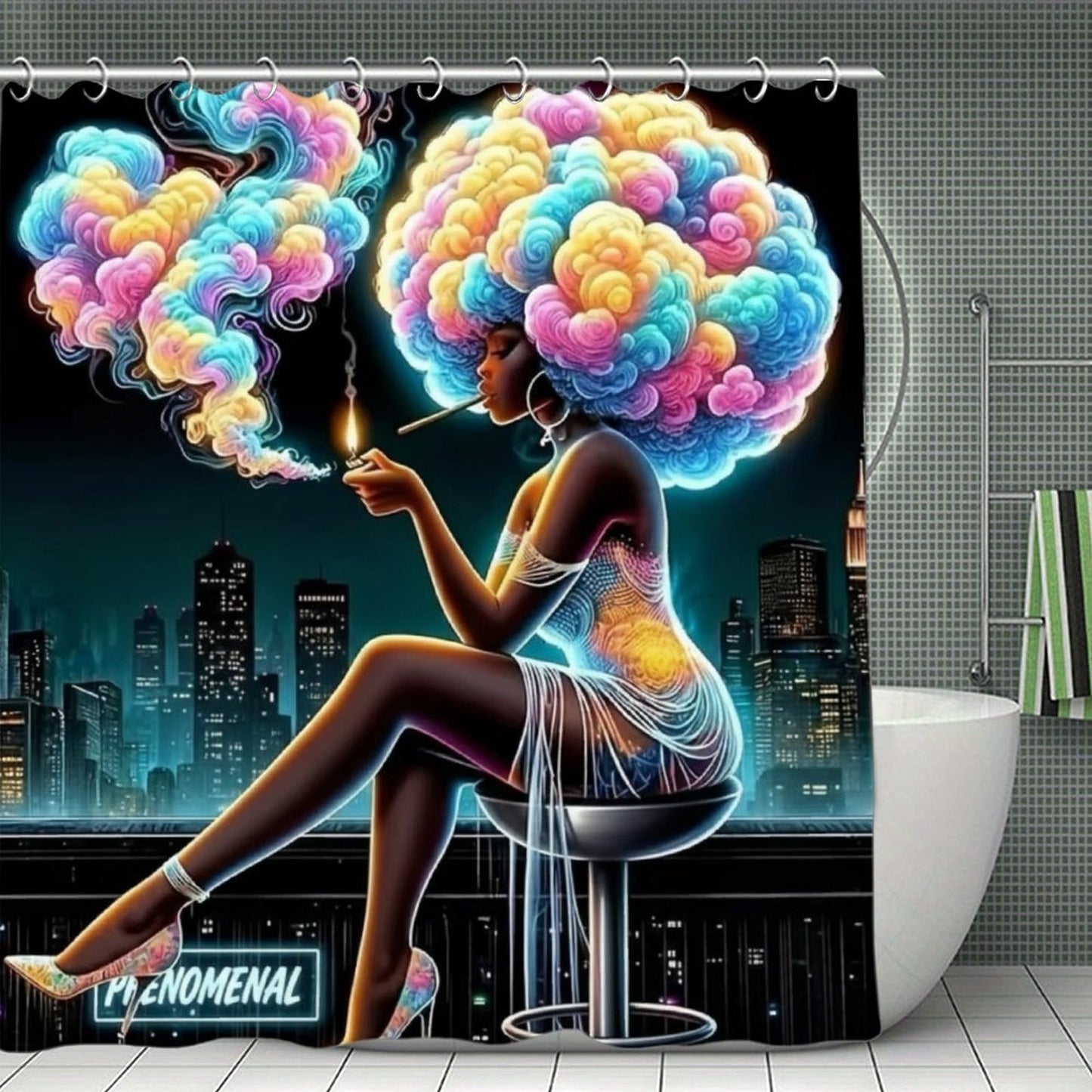 PHENOMENAL Neon Smoke Afrocentric Shower Curtain | Black Woman Art | Cityscape Vibe | Unique Maximalist Home Decor