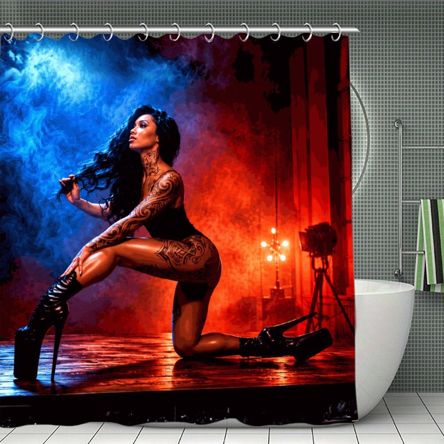 Luxury Tattooed Beauty Waterproof Shower Curtain | Romantic Gothic Bathroom Decor | Moody Red & Blue Glam Bath Curtain | Sexy Modern Bathroom Art
