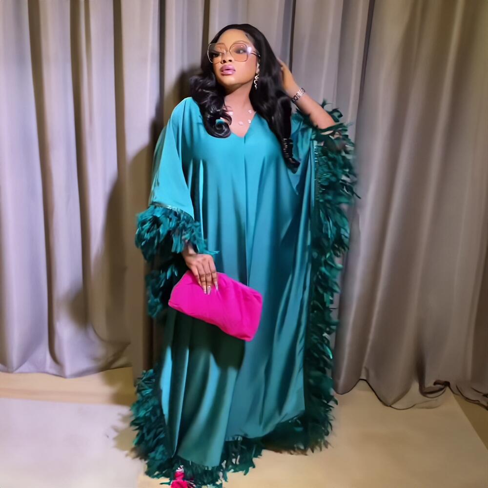 Fully Luxury Feather Batwing Sleeve High-Slit Robe Dress for Women | Elegant Glam Statement Gown