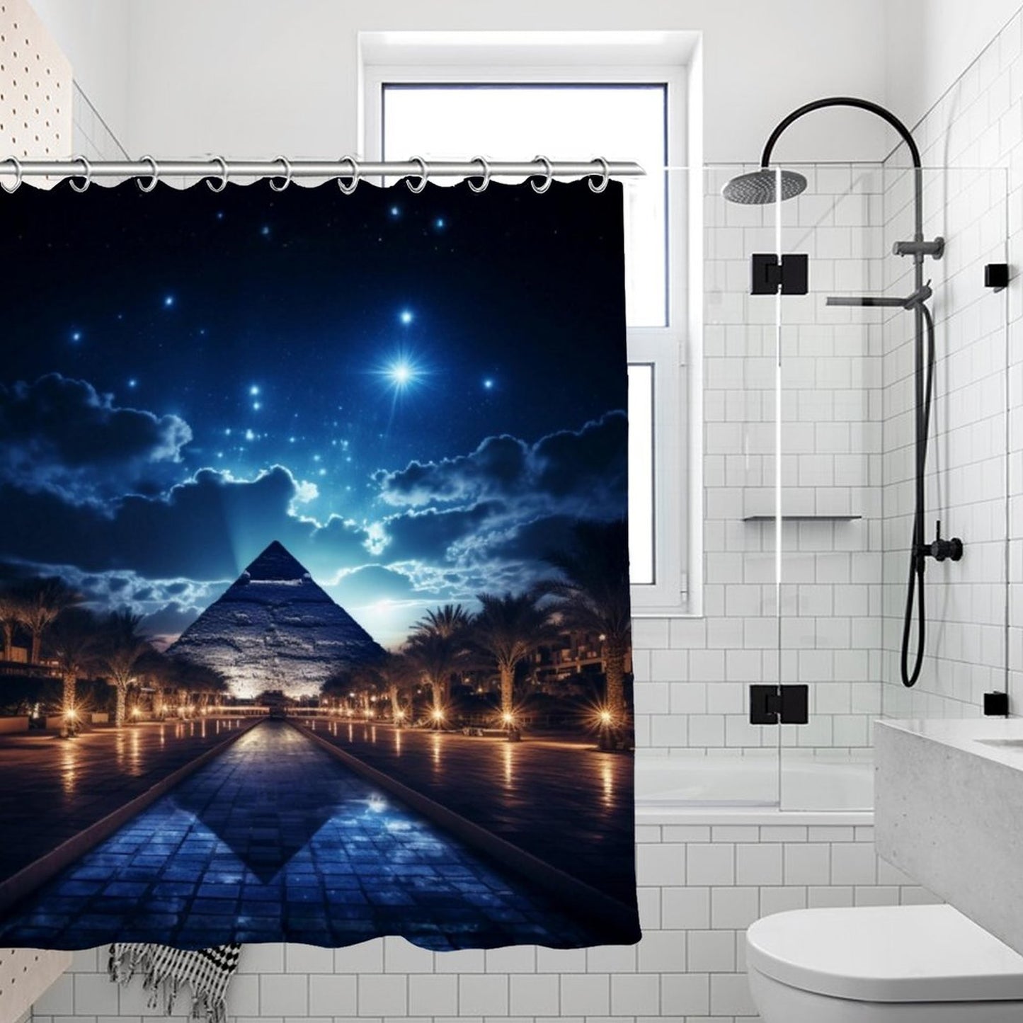 Midnight Pyramid Oasis Shower Curtain – Starry Night Sky & Egyptian Desert Landscape Bathroom Decor – Luxury Blue & Gold Bathroom Aesthetic