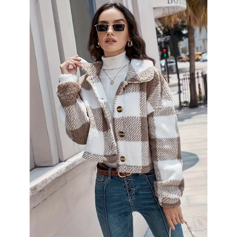 Plaid Pattern Plush Button Cardigan – Cozy Casual Warm Coat for Women, Soft Winter Jacket, Oversized Fall Sweater Coat, Trendy Outerwear Gift