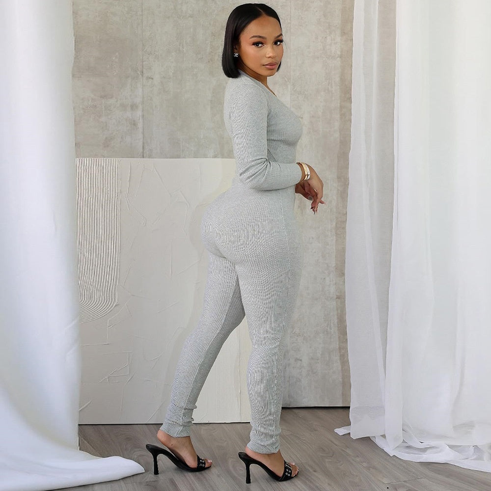 V-neck Hollow-out Long-sleeved Sexy High-elastic Jumpsuit