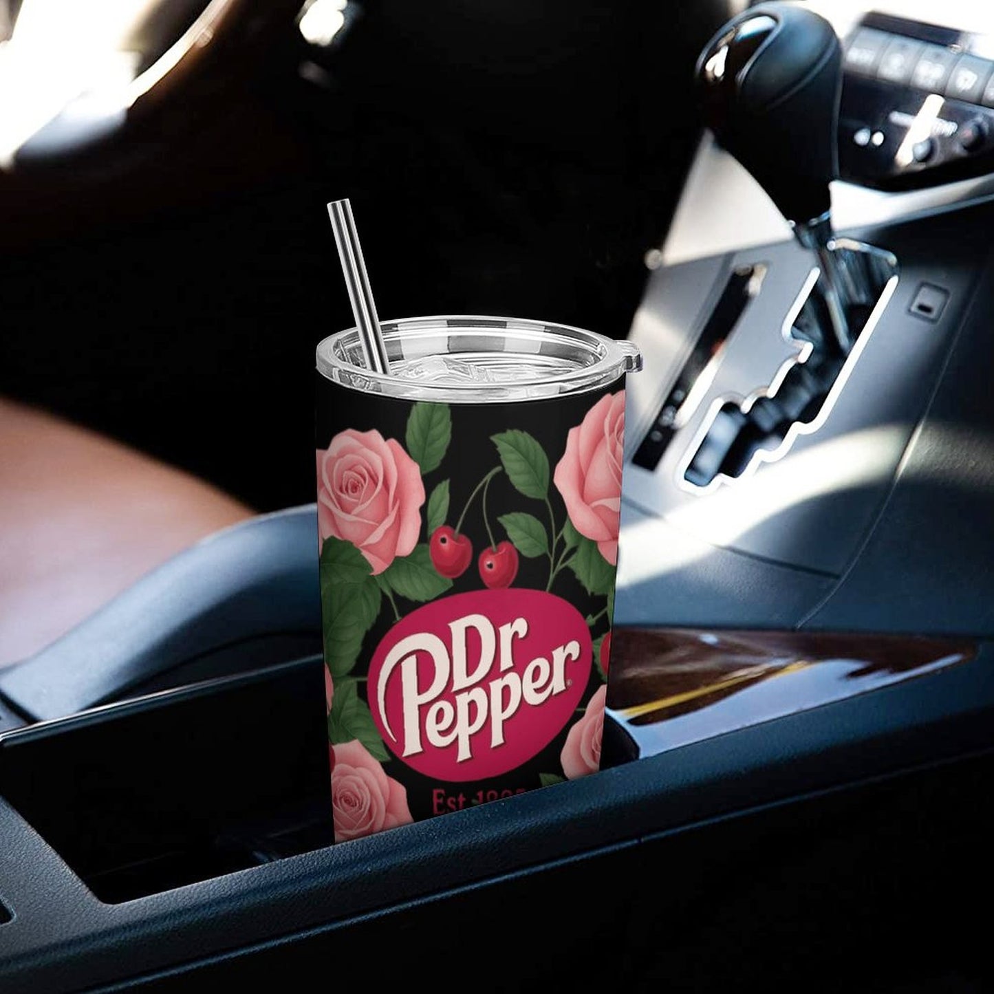 Dr. Pepper Black & Pink Floral Tumbler with Straw | Vintage Cherry Rose Insulated Travel Cup | 20oz Stainless Steel Tumbler