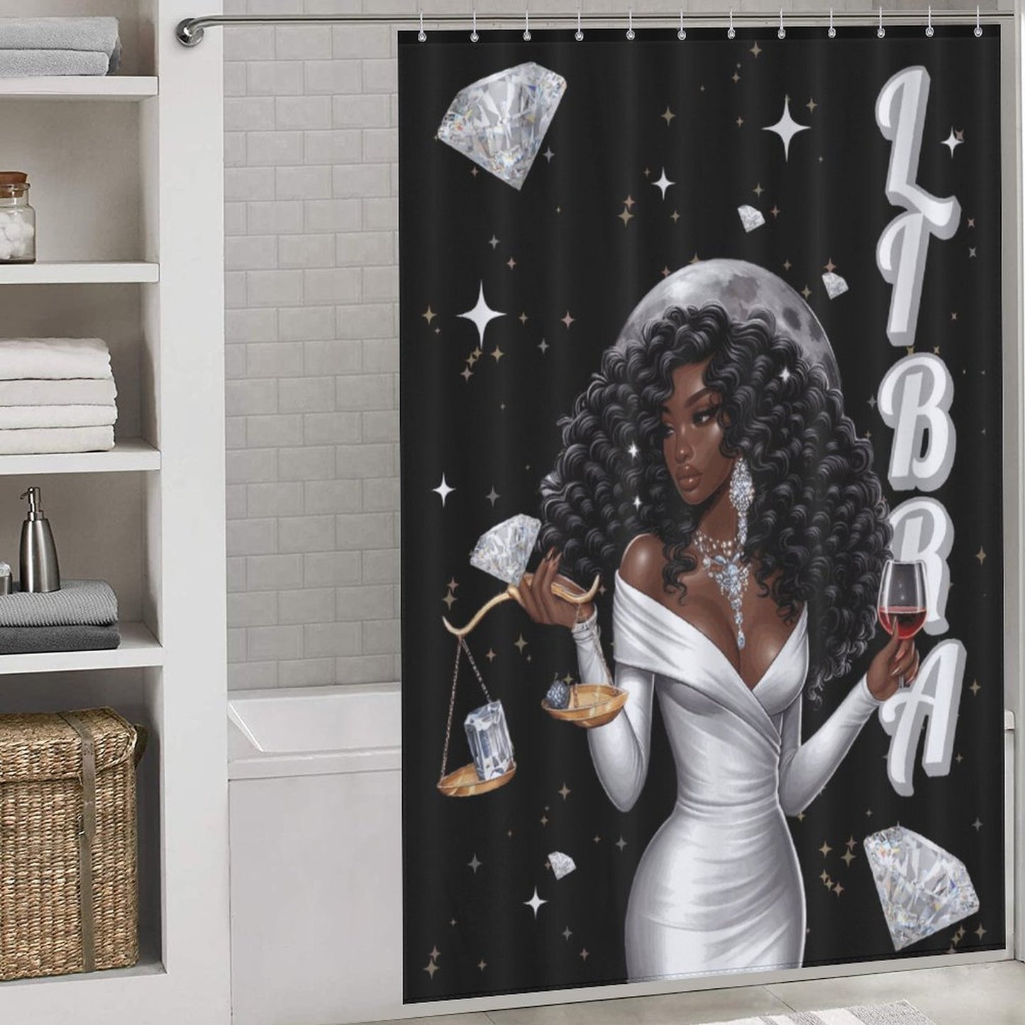 Melanin Libra Women with Diamonds Shower Curtain – Zodiac-Inspired Luxury Bathroom Decor