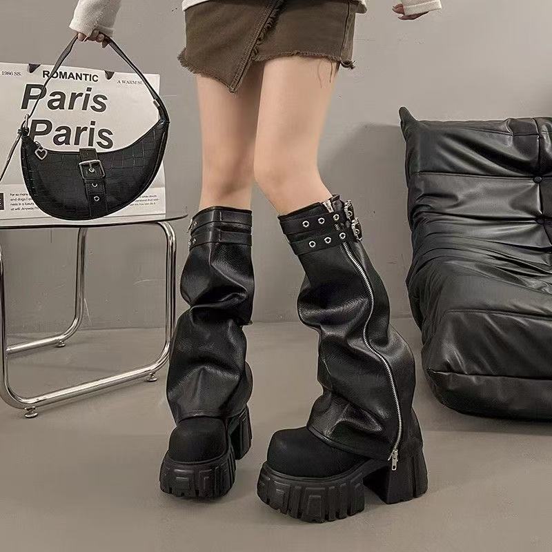 Edgy Black Buckle Strap Combat Boots – Punk-Inspired Mid-Calf Moto Boots for Women