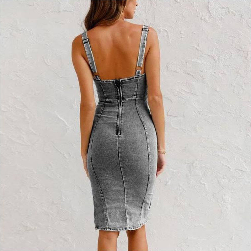 New U-Neck Suspender Denim Dress – Summer Casual Slim Fit Women’s Clothing with Slit