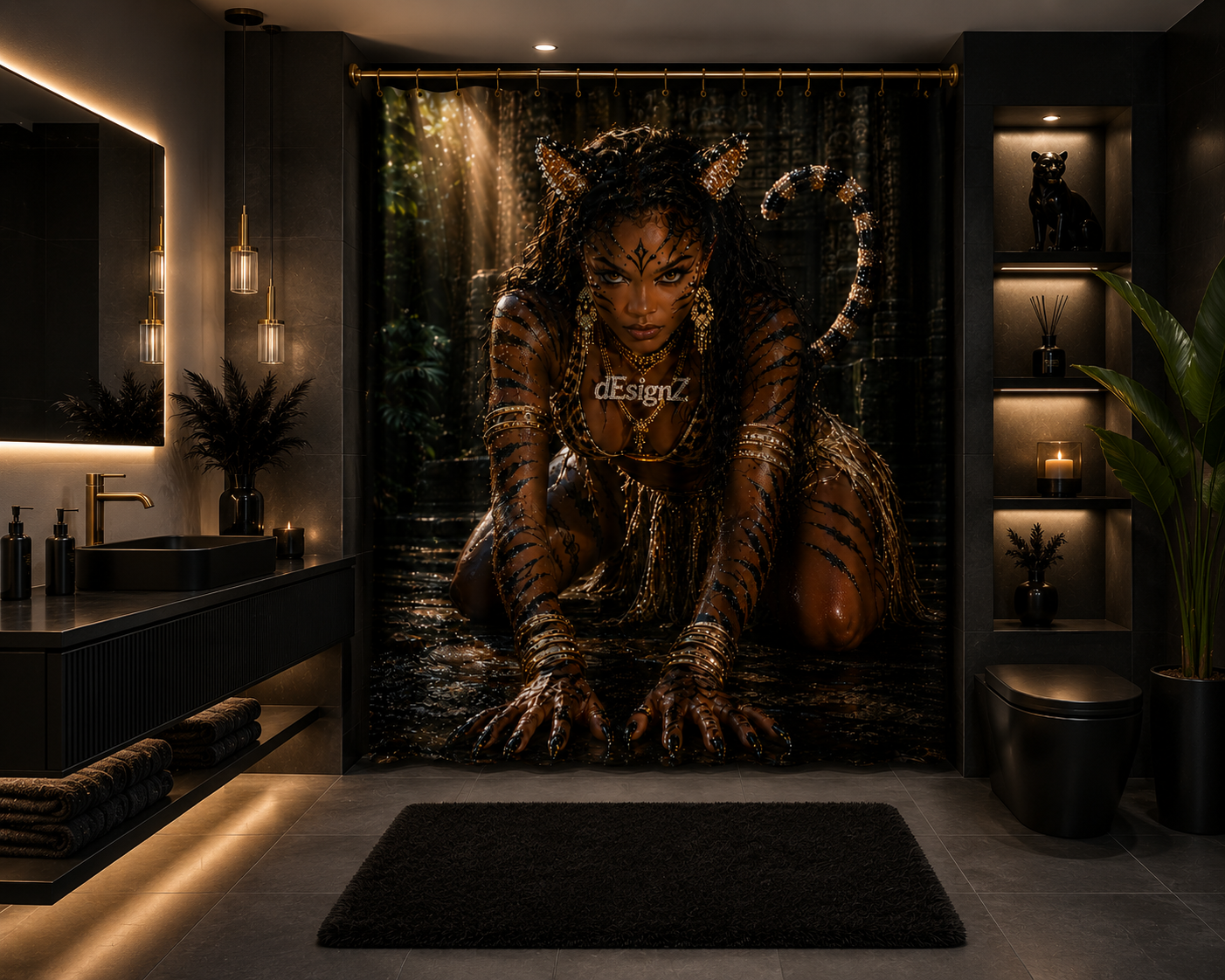 Tiger Queen Luxury Shower Curtain – Modern Black & Gold Jungle Glam Bathroom Decor | Fierce Tribal Goddess Bath Curtain