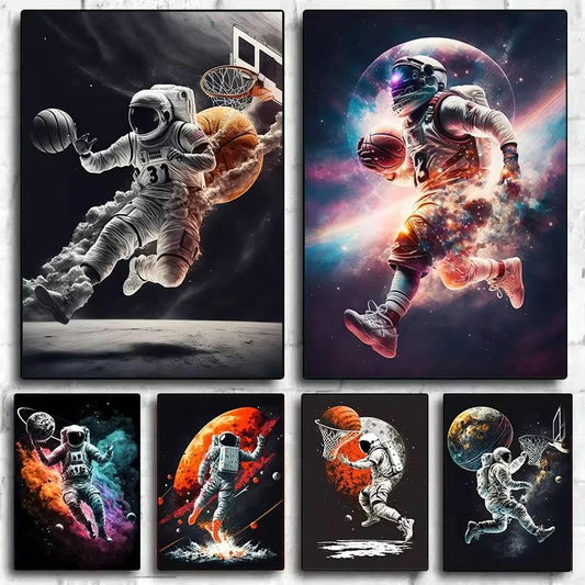 Colorful Poster Of Astronauts Playing Basketball In Space