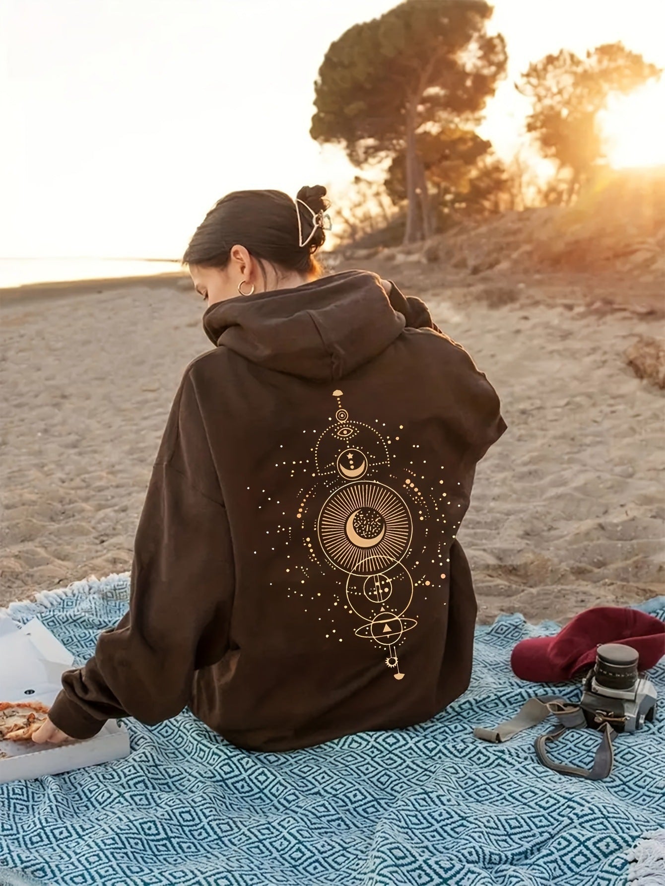 Moon Print Casual Hooded Sweatshirt - Cozy Celestial Style