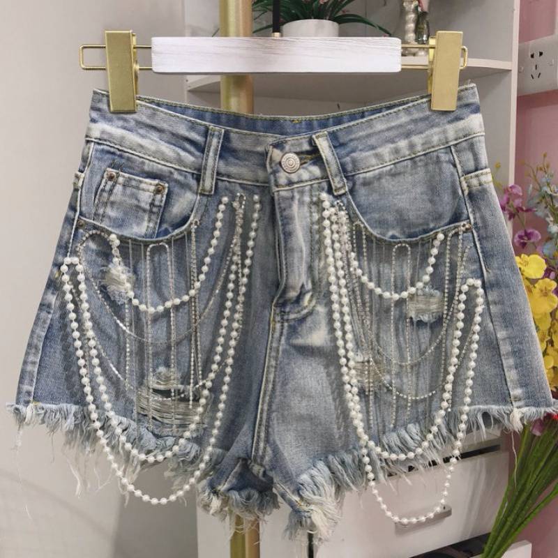 Women's Summer Beaded Jeans Shorts