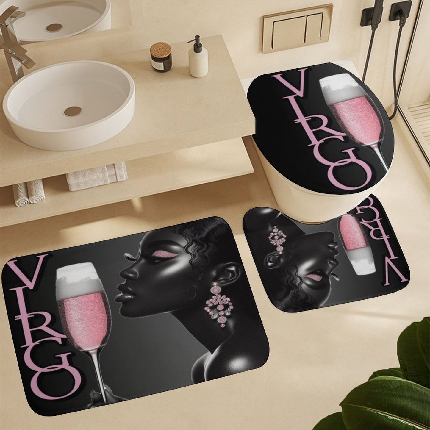 Pink & Black Melanin Virgo Shower Curtain Set with 3 Rugs – Bold Astrology Home Decor