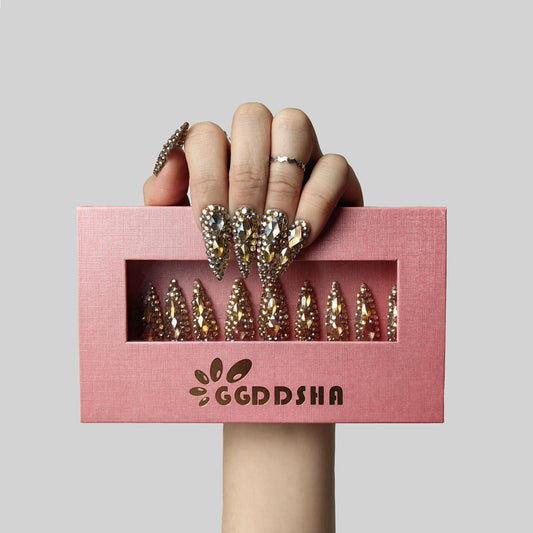 GGddsha Crown Jewel Full Diamond Press-On Nails | Medium Almond | Handmade 3D Crystal PMMA Acrylic | Reusable Luxury Fake Nails Gift Set for Women