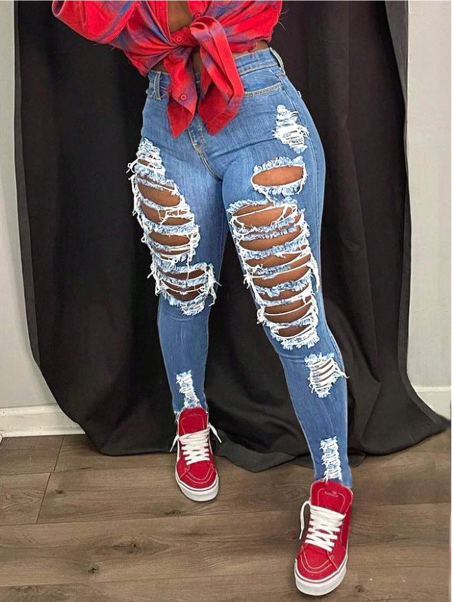 Women's Distressed Beggar Denim Skinny Pants – Stylish High Waist Ripped Jeans