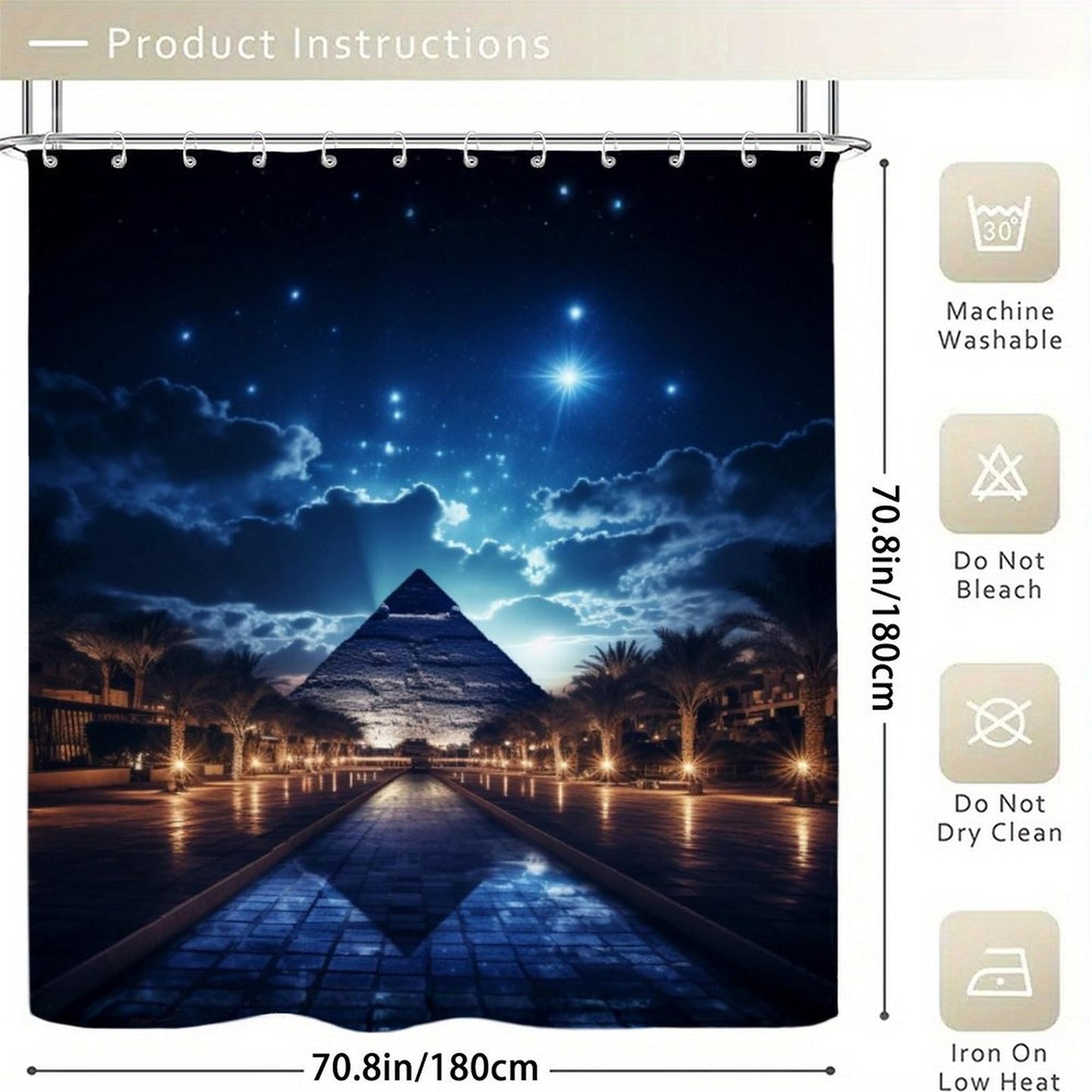 Midnight Pyramid Oasis Shower Curtain – Starry Night Sky & Egyptian Desert Landscape Bathroom Decor – Luxury Blue & Gold Bathroom Aesthetic