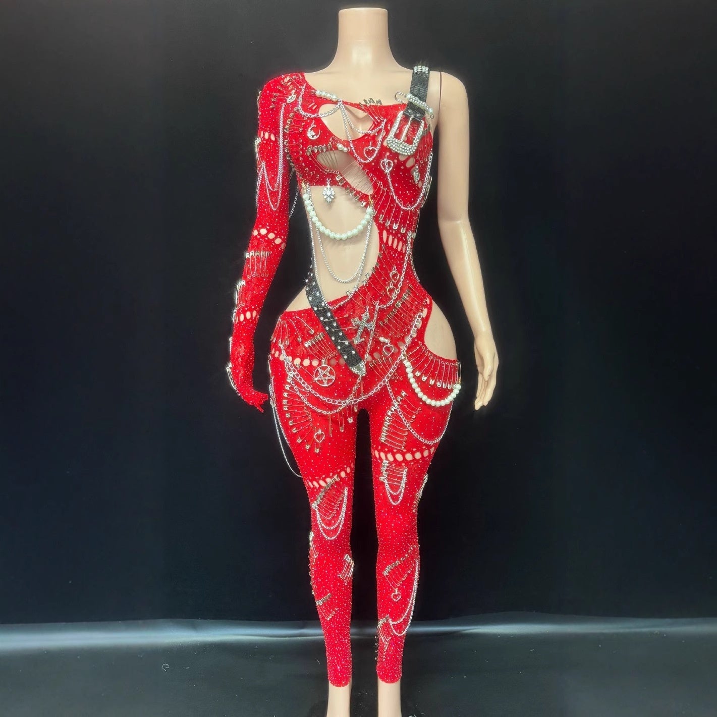 Red Rhinestone Cutout Bodysuit – Luxury Stagewear for Women | Crystal Chain Mesh Jumpsuit | Exotic Performance Outfit