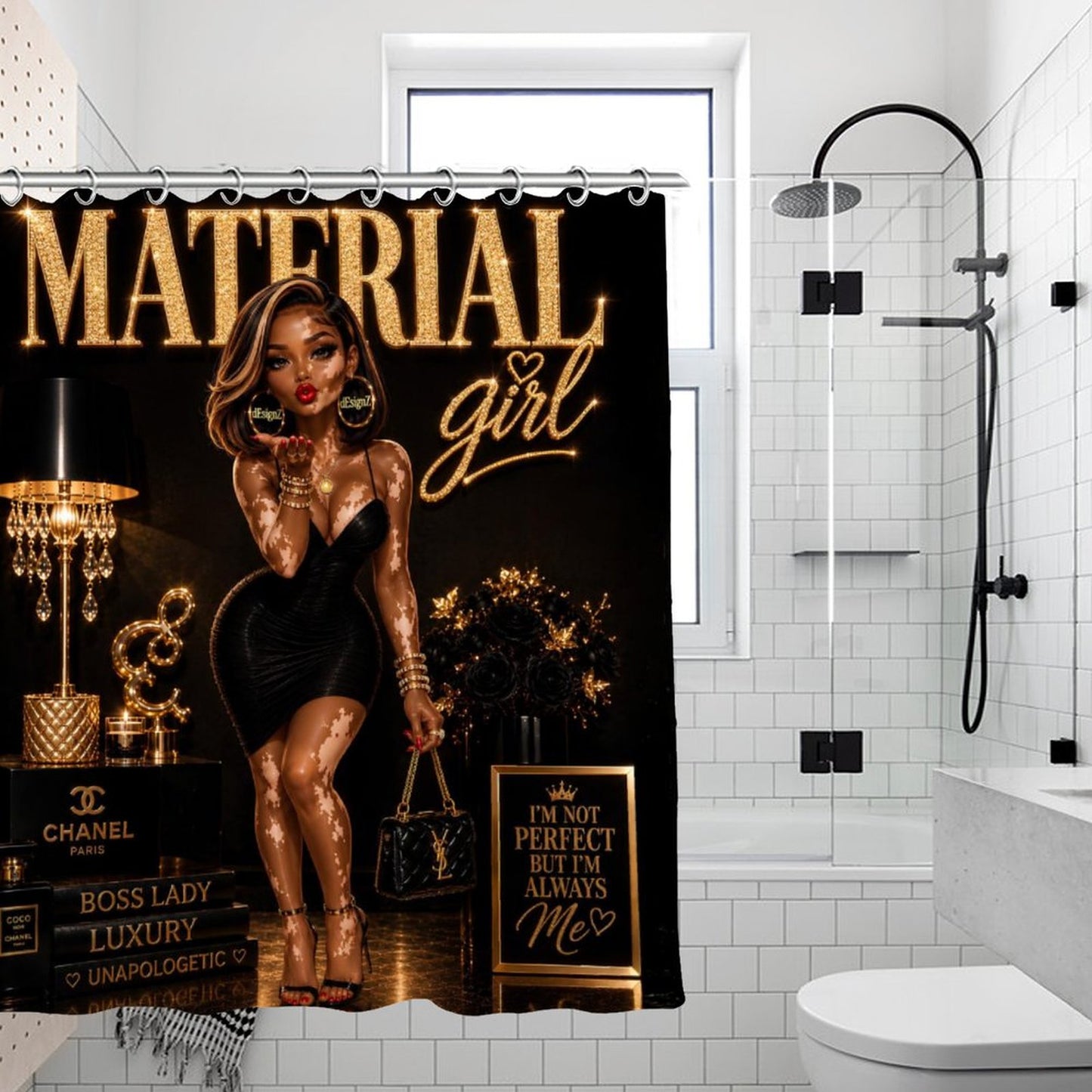 Material Girl Luxury Waterproof Shower Curtain | Black & Gold Glam Bathroom Decor | Fashion-Inspired Vitiligo Beauty Bath Curtain | Modern Chic Bathroom Accent