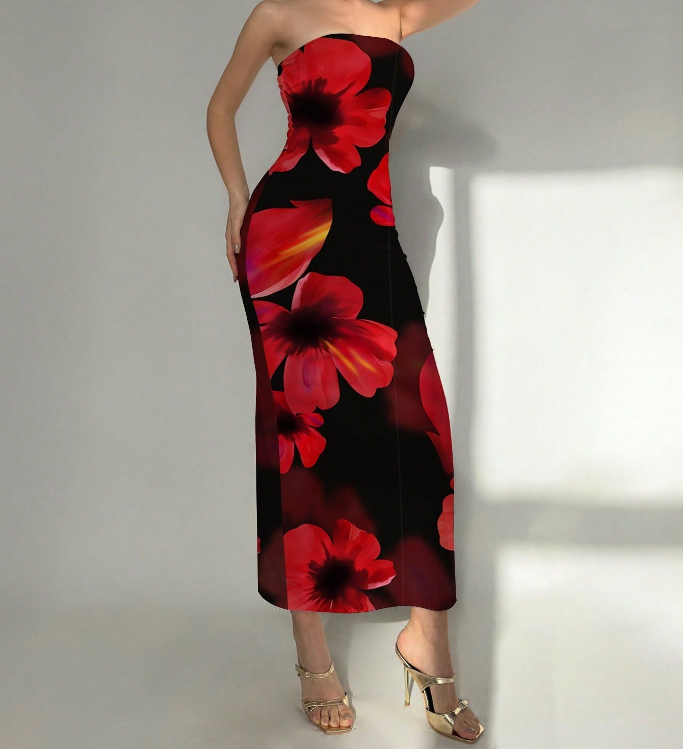 Women's Slim-Fit Floral Print Dress with Bold Contrast Colors – Elegant & Eye-Catching