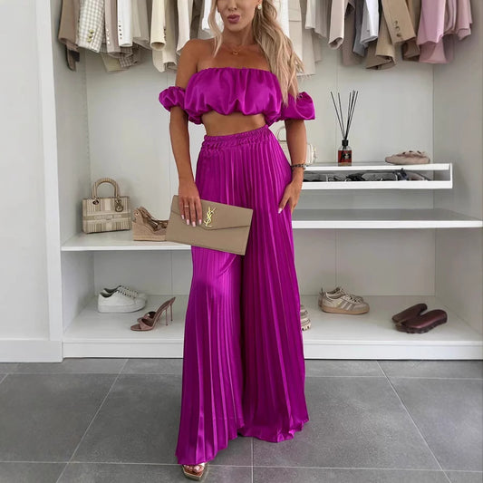 Women’s Satin Tube Top & Wide Leg Pants Set – 2 Piece Elegant Lounge Outfit | Summer Matching Set for Women | Sexy Formal Chic Suit
