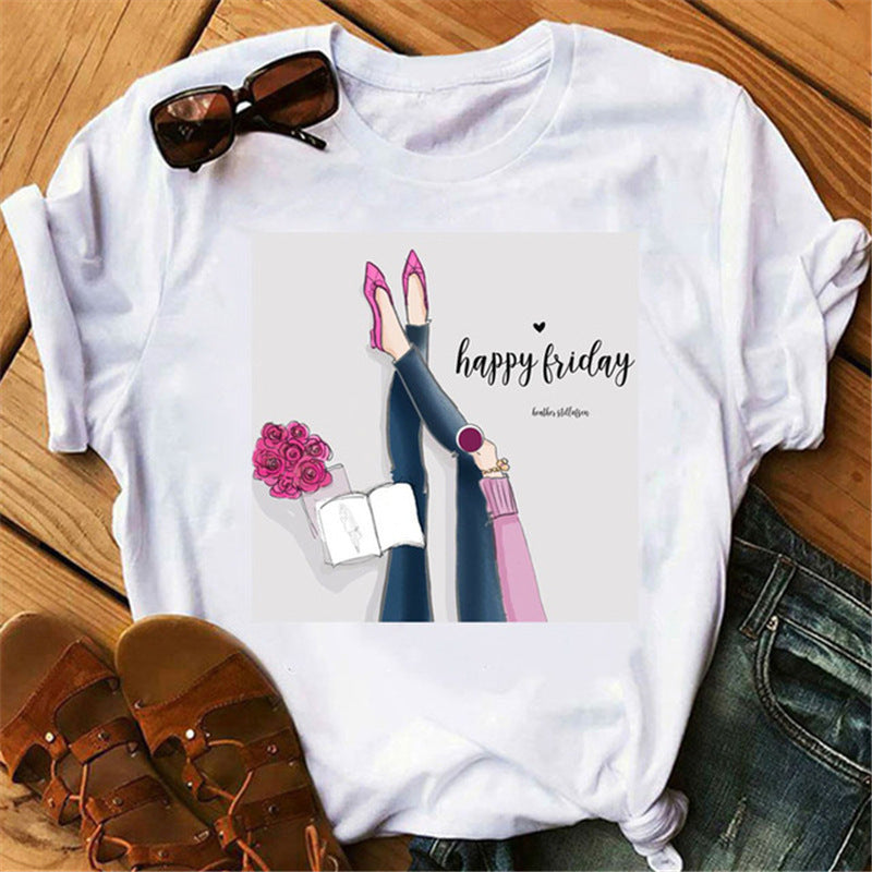Women's High Heels Pattern Cute Loose Top T-shirt