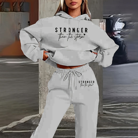 Women's Solid 2-Piece Letter Print Hoodie & Jogger Set – Casual Tracksuit with Pocket & Drawstring Pants | Stylish Lounge wear Outfit