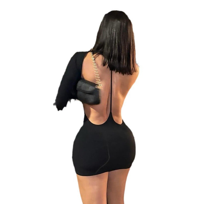 Ladies’ Solid Color Round Neck Backless Slim Fit Hip Bag Dress – Elegant Bodycon Party & Evening Wear