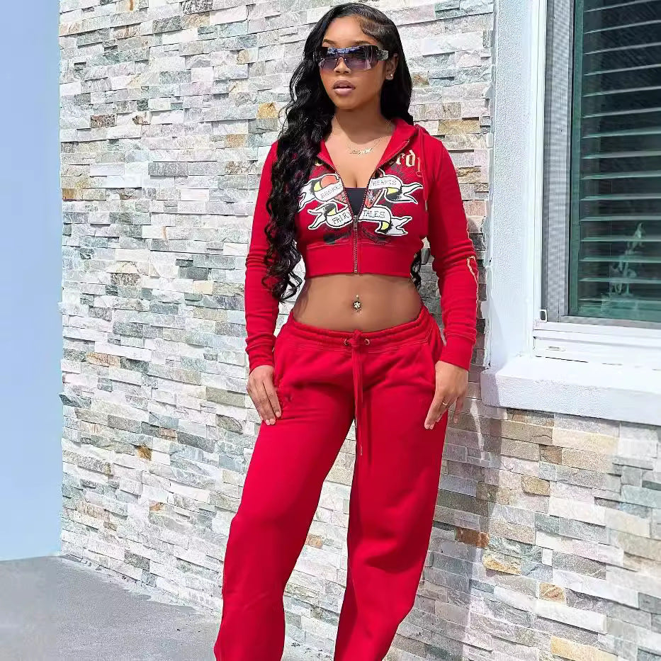 Women’s Casual Streetwear Printed 2-Piece Set – Multicolor Tracksuit | Trendy Graphic Top & Matching Pants | Comfortable Everyday Outfit