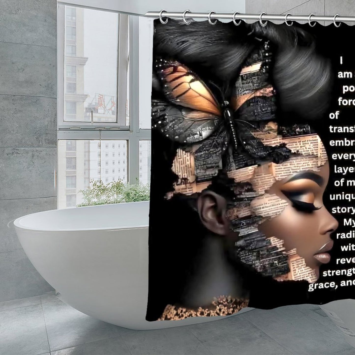 Empowered Transformation Shower Curtain – Black Woman Butterfly Art, Resilience & Strength Inspirational Bathroom Decor