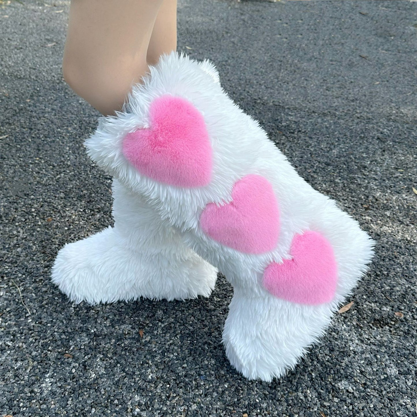 Flat Long Fur Boots - Women's Fleece-Lined Waterproof Warm Love Snow Boots with Heart Design