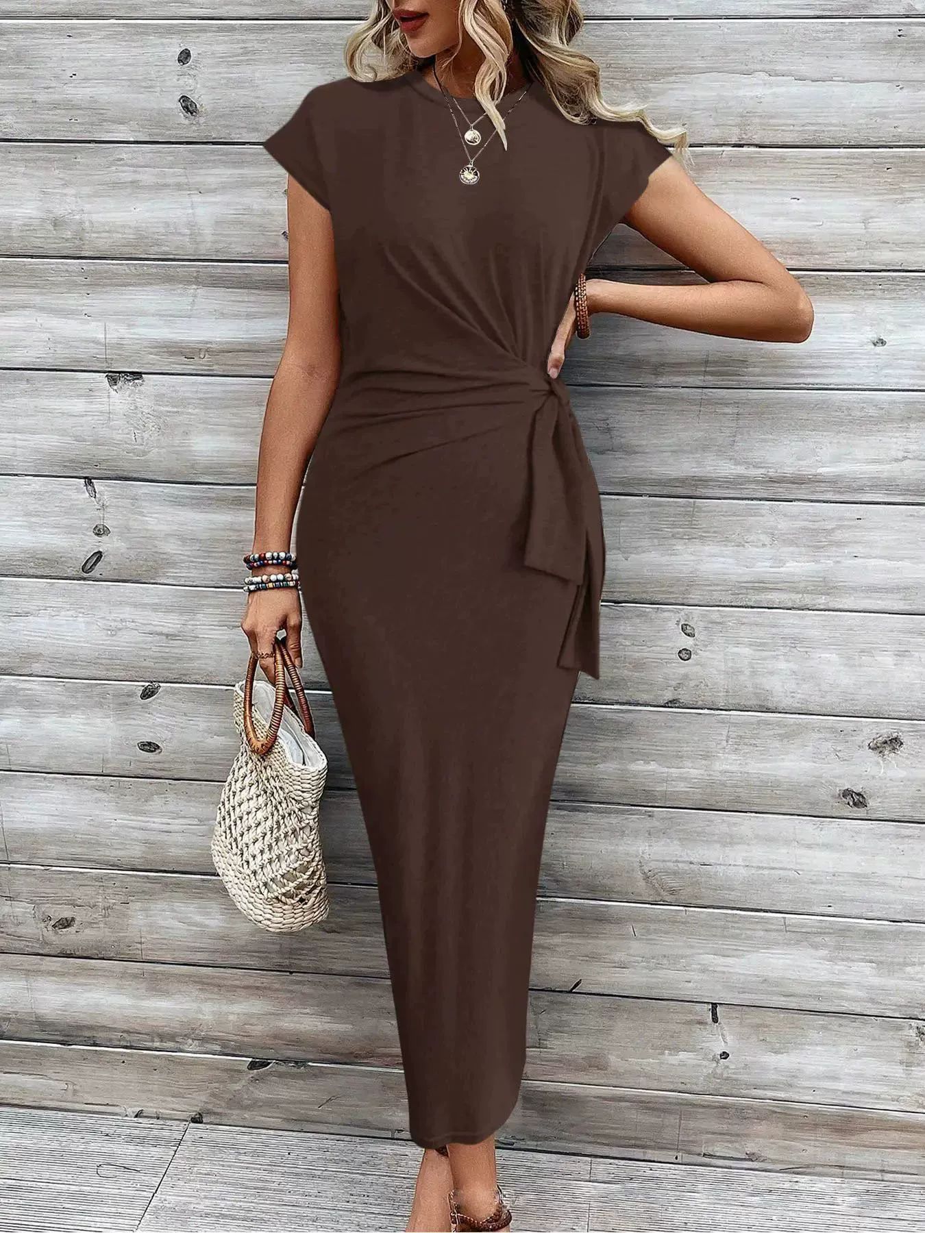 Elegant Striped Waist Strap Two-Piece Dress Set – Round Neck Short Sleeve & Long Skirt for Women