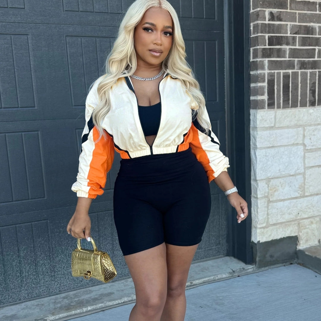 Women’s Patchwork Color Block Two-Piece Set – Zippered Crop Top & High Waist Sports Shorts Outfit | Casual Streetwear Matching Set