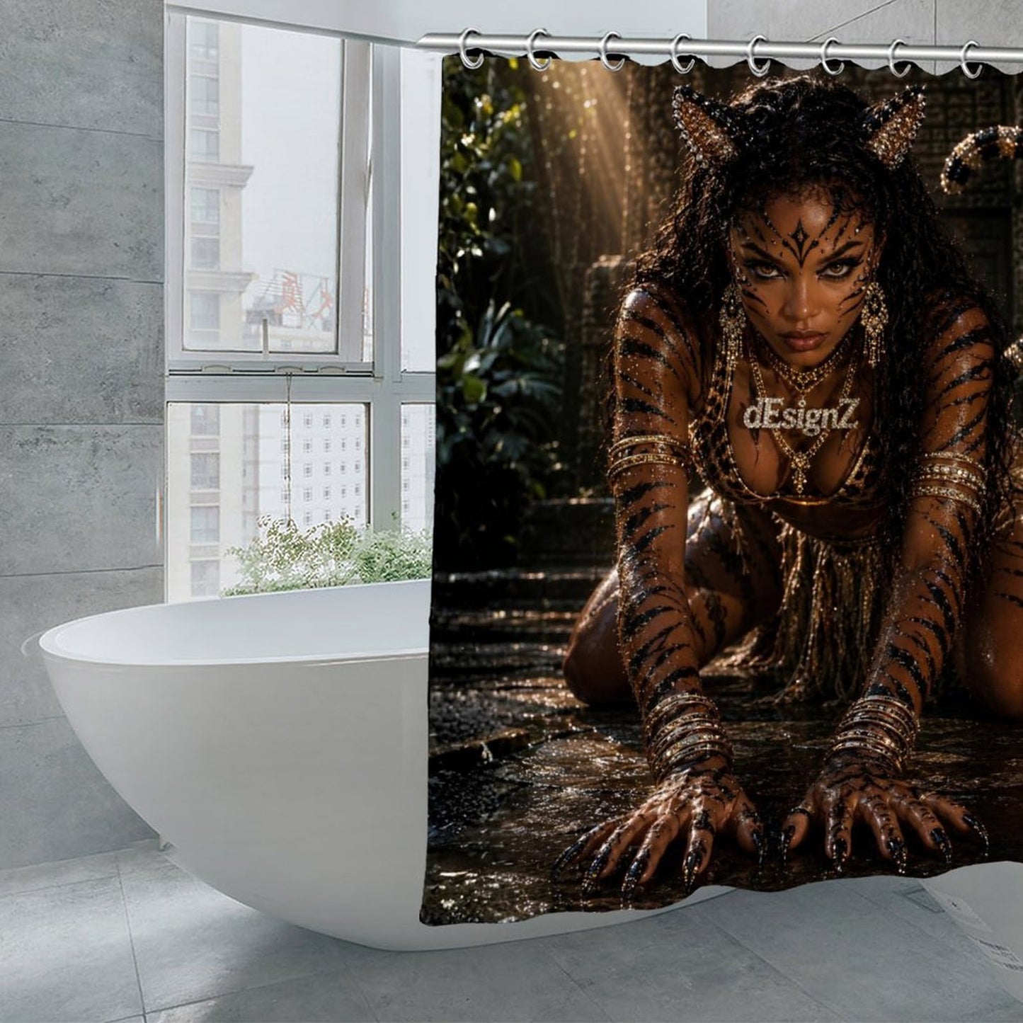 Tiger Queen Luxury Shower Curtain – Modern Black & Gold Jungle Glam Bathroom Decor | Fierce Tribal Goddess Bath Curtain