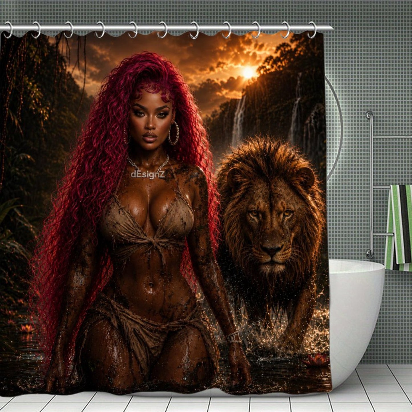 Jungle Queen Lion Shower Curtain, Black Woman Bathroom Decor, Pink Hair Goddess Art, Moody Jungle Bath Decor