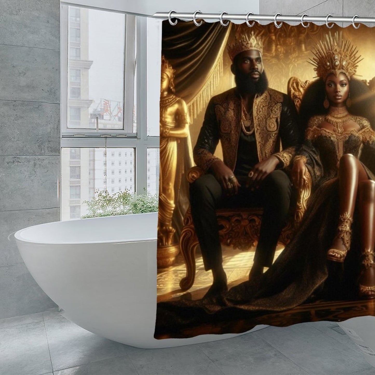 Regal Black and Gold King & Queen Shower Curtain | Luxury African Royalty Waterproof Bath Decor