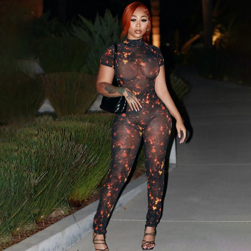Sexy Backless Half Turtleneck Printed Hollow-Out Jumpsuit – Bold & Body-Hugging Statement Fit